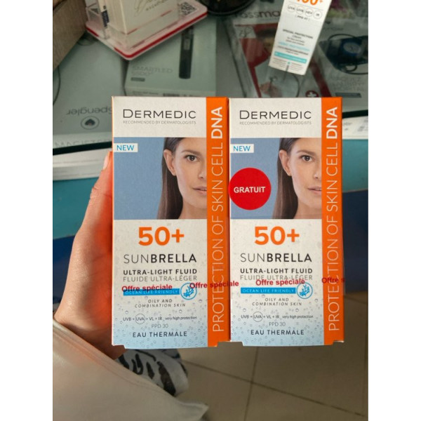 dermedic écran sunbrella pack 1+1 gratuit  fluide peau  grasses et mixtes